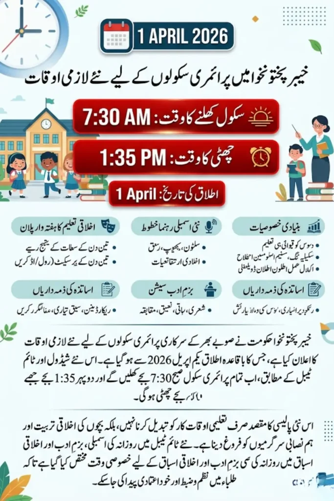 New Mandatory Primary School Timings in Khyber Pakhtunkhwa 2026 – Complete Schedule and Policy Details